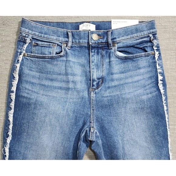 Loft Outlet High Rise Skinny Petite Jeans Blue Fringed Side Stripe 6P NEW - Picture 2 of 11